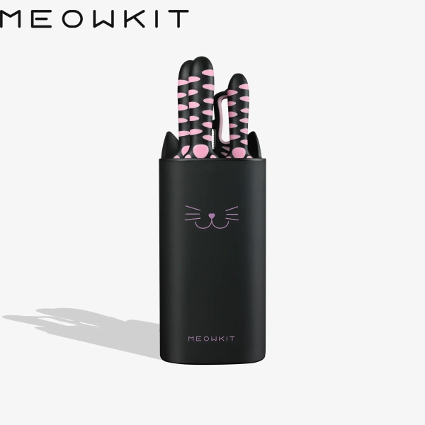 Meowkit 5 PCS Stainless Steel Knife Set – Pink &amp; Black Cooking Blades with Storage Block, Cute &amp; Modern Kitchen Essential