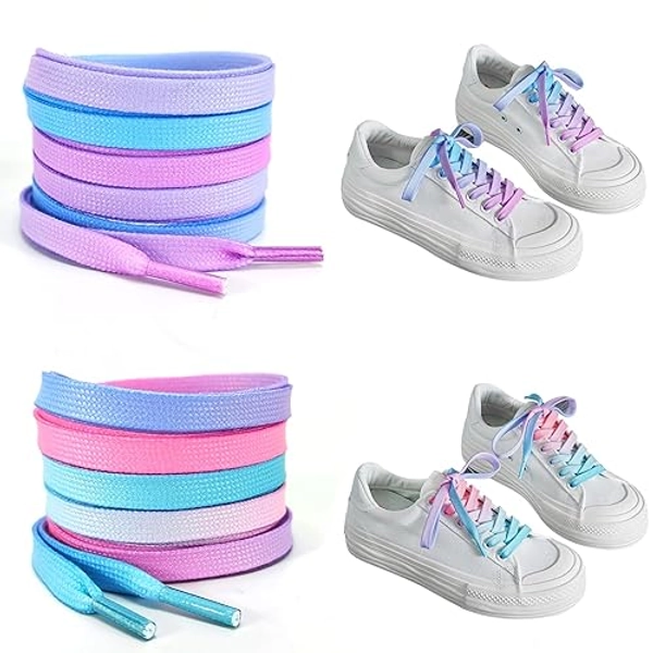 EQLEF Lacets Arc en Ciel, 2 paires de Lacets Colorés Dégradés pour Filles Semelle Plate Lacets Colorés 120cm 5-6 Trous Sneakers Casual Shoes Canvas Shoes