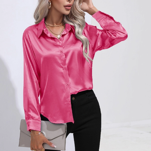 Womens Satin Silk Solid Shirt Ladies Casual Loose Button-up OL Work Blouse Tops