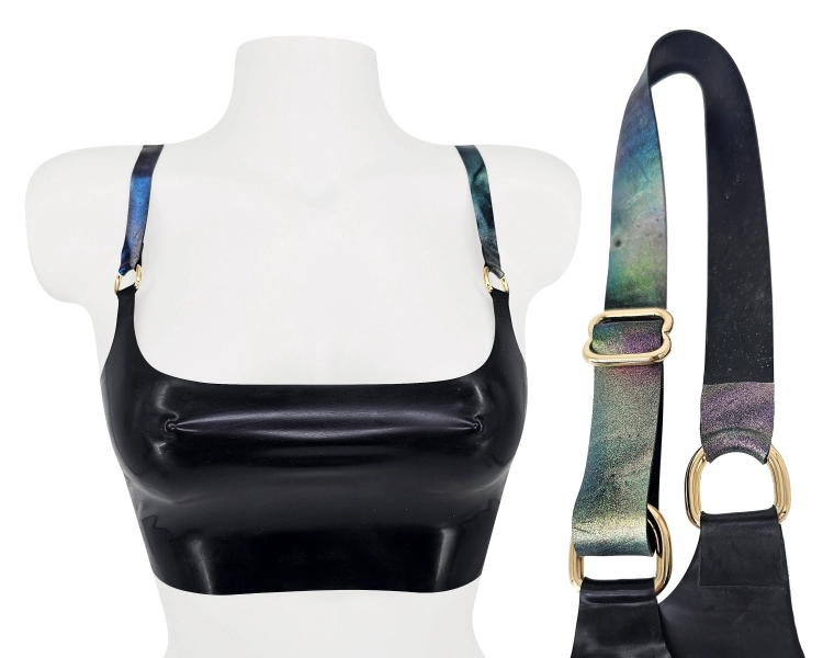 XS-3XL Latex crop top with adjustable straps (glitter available) with silver, gold or rainbow hardware