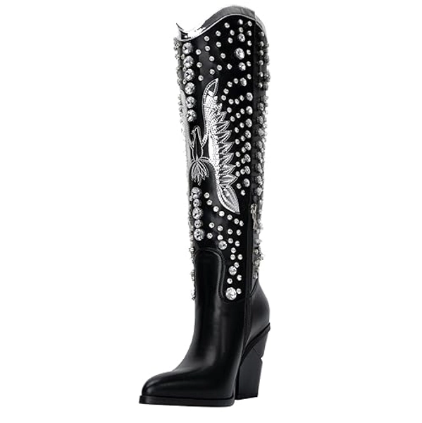 WIRALOMI Rhinestone Cowboy Boots for Women Eagle Parttern Cowgirl Boots Chunky Heel Knee High Western Long Boots