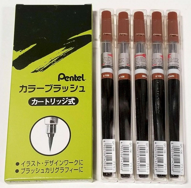 NEW Pentel Color Brush Art Pen 5-Pk BROWN Ink GFL106 Nylon Tip Water Calligraphy