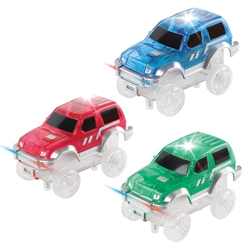 PicassoTiles 3 pcs Magnetic Toy Car Set Light Up LED Highly Detailed Compatible with Magnet Race Track STEM Truck Replacement Accessories Educational Building Kits for Toddlers Boys & Girls Ages 3+ - PTE06