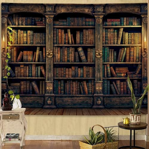 YEXIT Retro Bookshelf Wall Tapestry, Vintage Books Study Library Tapestries for College Dorm Bedroom Magic Caslte Backdrop 60×80 inch - 60.00" x 80.00" - Retro