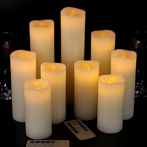 Vinkor Flameless Candles Battery Operated Candles 4" 5" 6" 7" 8" 9" Set of 9 Ivory Real Wax Pillar LED Candles with 10-Key Remote and Cycling 24 Hours Timer - Ivory 4"5"6"7"8"9"