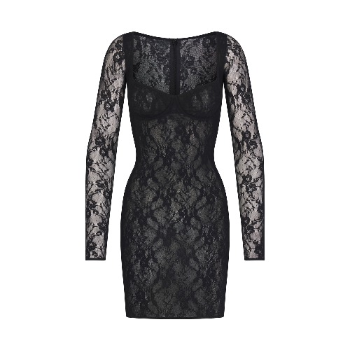 STRETCH LACE LINED LONG SLEEVE UNDERWIRE DRESS | ONYX