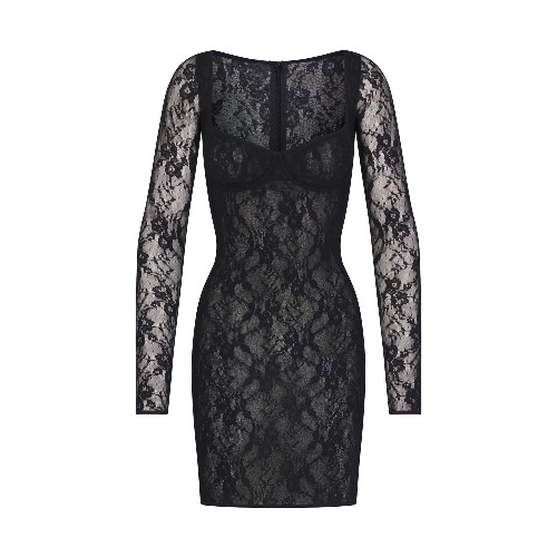 STRETCH LACE LINED LONG SLEEVE UNDERWIRE DRESS | ONYX