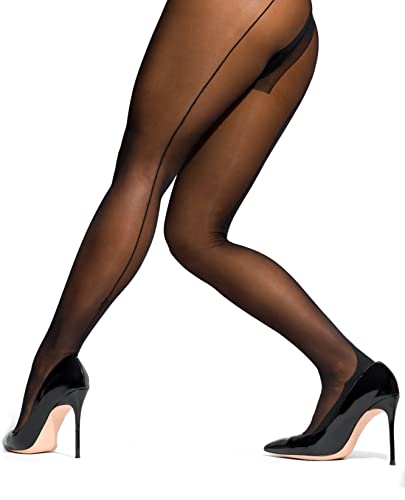 Back Seam Tights for Women [Made in Italy] 20 Denier Sheer Seamed Nylon Pantyhose Stockings - Small - Barely Black With Black Seam