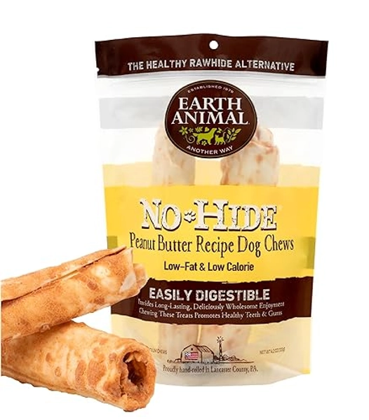 Earth Animal No Hide Medium Peanut Butter Flavored Natural Rawhide Free Dog Chews Long Lasting Chew Sticks | Treats for Large Dogs | Great for Aggressive Chewers (1 Pack)