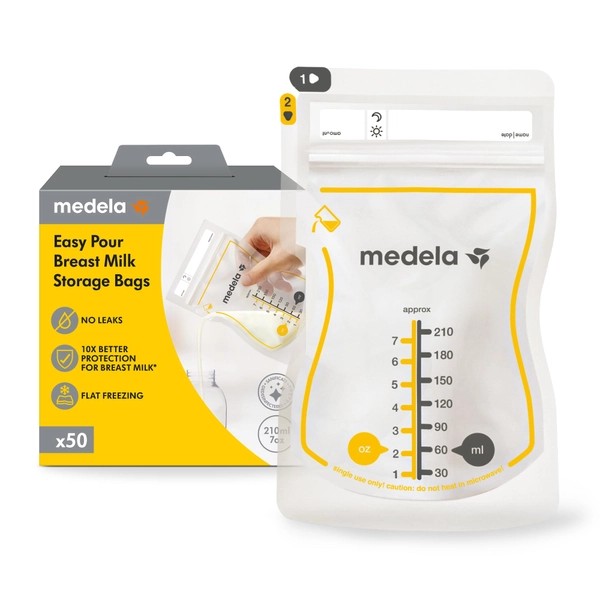 Medela Easy Pour Bröstmjölk förvaringspåsar, 50 st 210 ml, engångspåsar för läckage med mjölkskydd, amningsväsentligheter