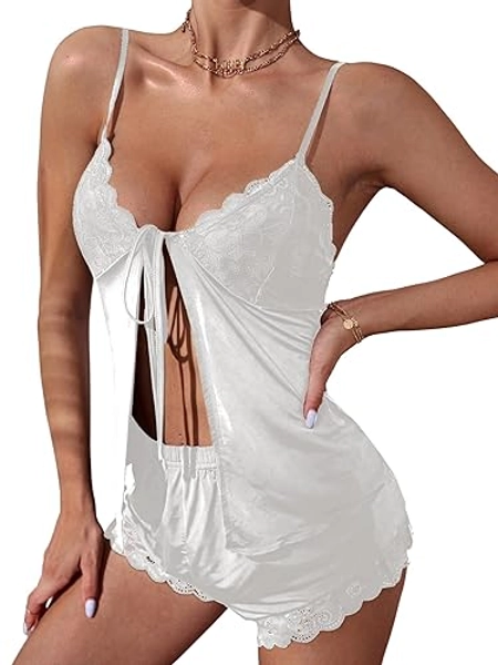 OYOANGLE Women's Lace Trim Tie Front Scallop Cami Top and Shorts 2 Piece Pajama Set