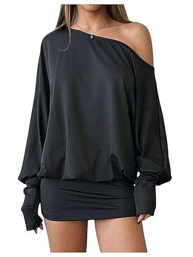 SOLY HUX Women's Long Sleeve Off The Shoulder Dress Y2k Mini Dress Streetwear Music Festival Outfits - Medium - Solid Black