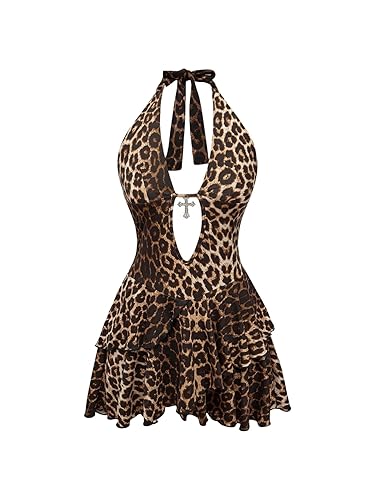 SOLY HUX Women's Leopard Print Halter Dress Y2k Gothic Deep V Neck Layered Ruffle Mini Dresses - Medium - Brown Leopard