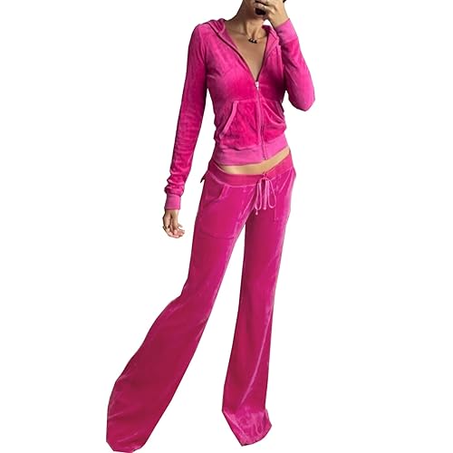 Women's 2 Piece Velour Tracksuit Set Heart Print Long Sleeve Zipper Hoodie Cropped Jacket and Sweatpants Y2K Sweatsuit Set - Small - B-pink