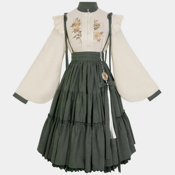 Han Costume Vintage Sunflower Embroidery Two Pieces Set
