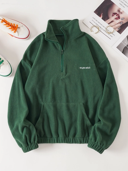 SHEIN EZwear Slogan Embroidery Half Zip Fleece Sweatshirt