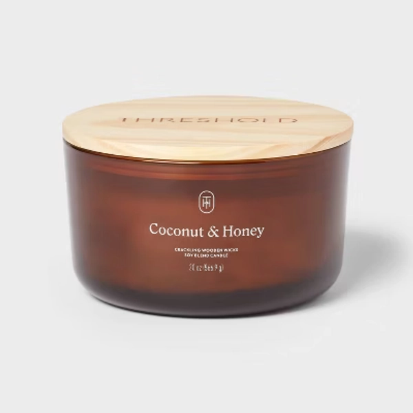3-Wick Amber Glass Wooden Wick Coconut and Honey Jar Candle 20oz - Threshold™