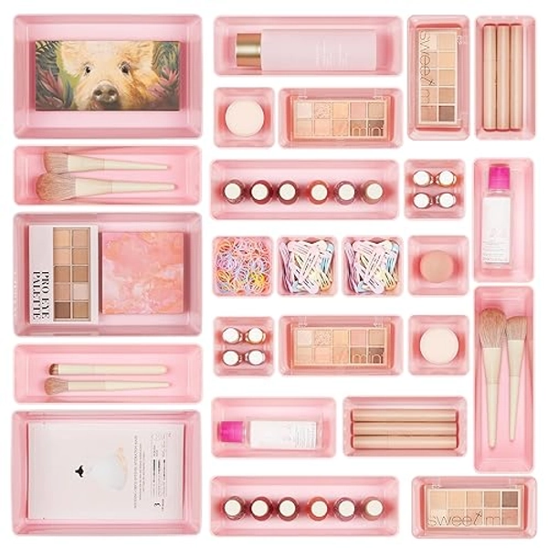 Vtopmart 25 PCS Plastic Drawer Organizers Set, 4-Size Versatile Bathroom and Vanity Drawer Organizer Trays, Storage Bins for Makeup, Bedroom, Kitchen Gadgets Utensils and Office