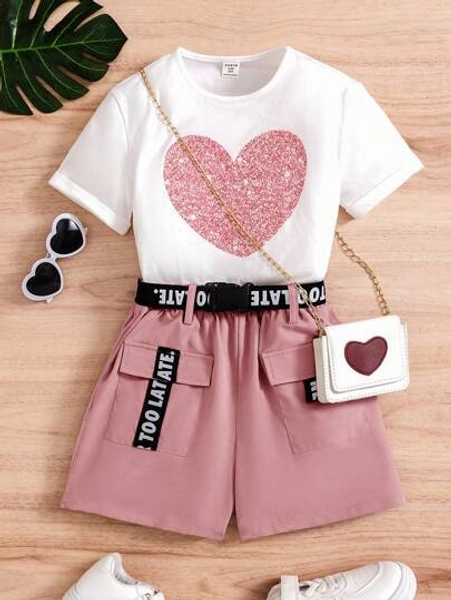 Summer Loose Fit Casual Round Neck Heart Pattern T-Shirt And Shorts 2pcs/Set For Tween Girls