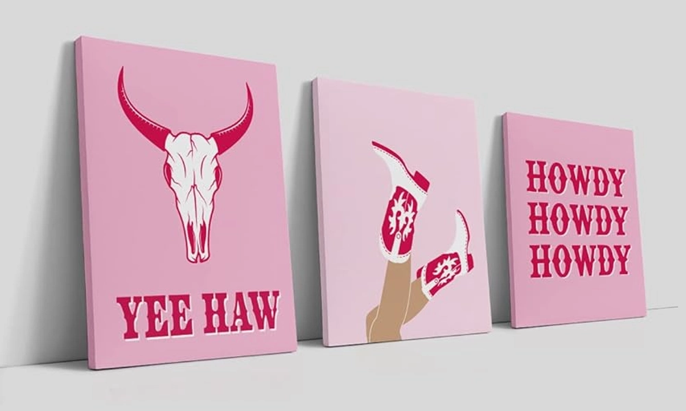 LiTiu Pink Coquette Preppy Wall Decor, Hot Pink Preppy Howdy Yeehaw Western Boots Bull Skull Framed Wall Art Canvas Prints Decor,11”x 14”Set of 3,Western Preppy Artwork Teen Girls, Decorations for Teen Girls Dorm Room