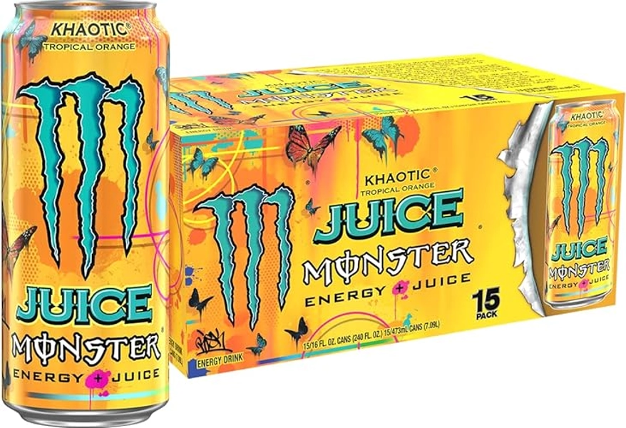 Monster Energy Juice Monster Khaotic Tropical Orange, Energy + Juice, Energy Drink, 16 Ounce (Pack of 15)