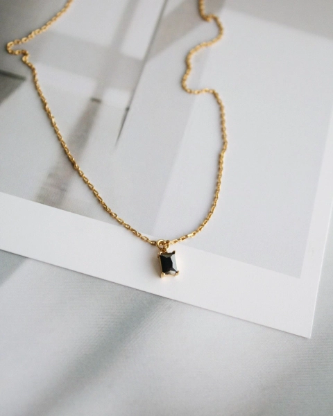 Waterproof - Black Rectangle CZ Necklace - 18k Gold Vermeil - Minimalist Necklace - Black CZ Pendant - Layering Necklace - Stacking
