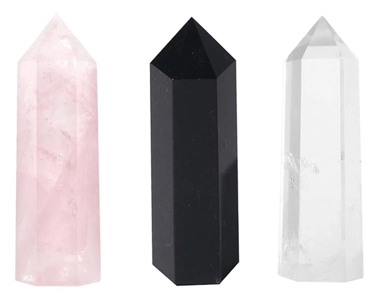 Luckeeper Healing Crystal Wands | 2" Clear Quartz Crystal Wand & Rose Quartz Crystal Points,Black Obsidian| 6 Faceted Reiki Chakra Meditation Therapy