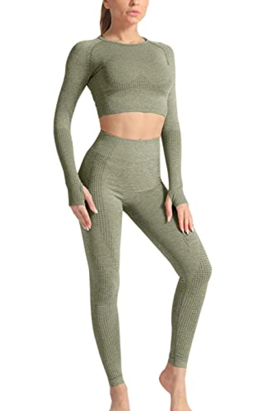 YACUN Damen Trainingsanzüge Workout Outfit 2 Stück Yoga Legging Crop Top Gym Kleidung Set