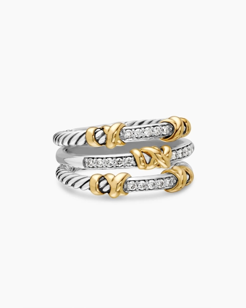David Yurman Petite Helena Wrap Three Row Ring in Sterling Silver with 18K Yellow Gold and Diamonds, 12mm