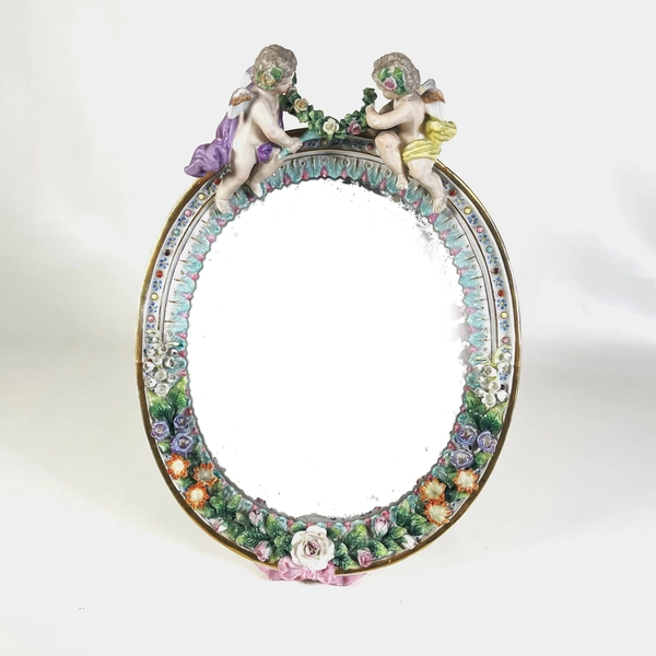 Meissen Style German Porcelain Mirror With Cherubs