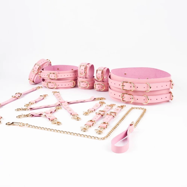 16 Piece – Italian Leather Bondage Restraint Set – Waist Belt, Thigh Cuffs, More – Multiple Colors & Hardware Options, Pink