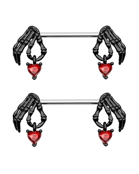 COCHARM 2pcs Halloween Nipple Rings Black Red Dangling Nipple Piercing Jewelry 14g Skeleton Hand Nipple Ring 14mm/16mm Nipple Barbell Cute Gothic Nipple Rings for Women