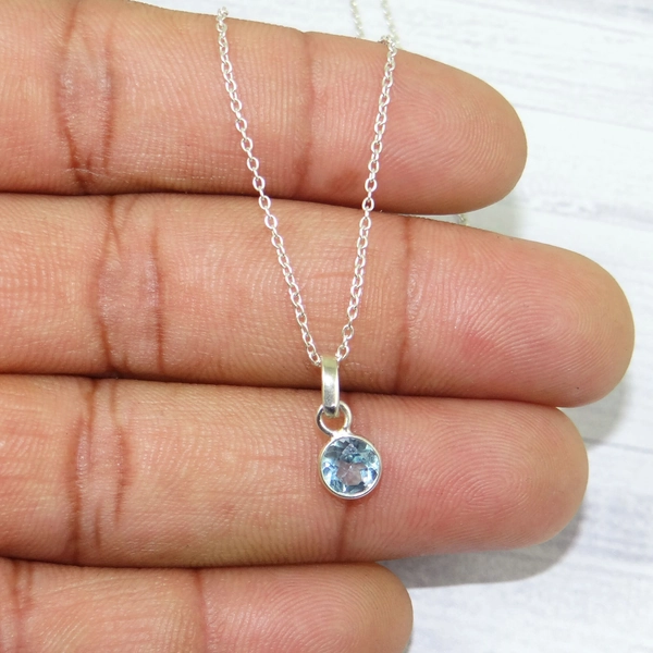 AAA Quality Blue Topaz Necklace, Topaz Pendant, Solid 925 Sterling Silver Tiny Pendant, Lobster Claw 18 inch Curb Chain, For Her, L10835