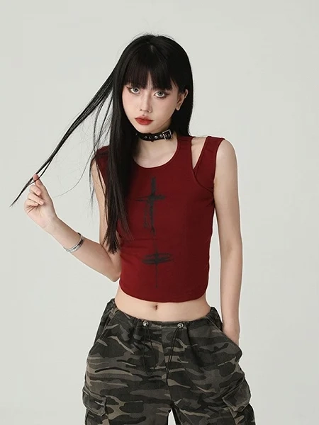 [$16.86]Gothic Wine Red Cross Print Backless Glamorous Cropped Sleeveless Top