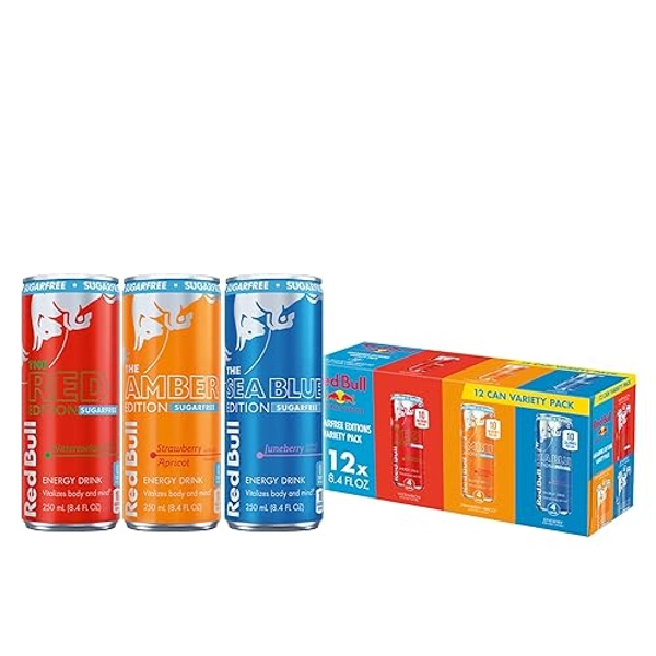 Red Bull Energy Drink Sugar Free Variety Pack, Red, Amber, and Sea Blue, with 80mg Caffeine, Taurine & B Vitamins, 8.4 fl. oz, Pack of 12 Cans - Variety Pack Sugar-Free - 12 Fl Oz, 12pk