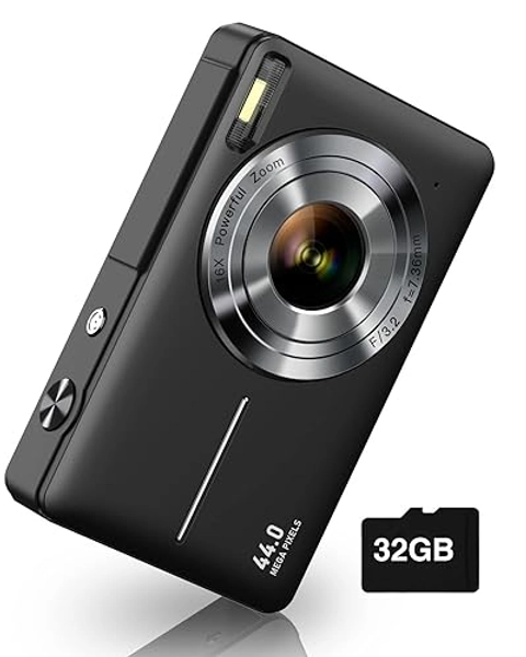 Digital Camera, Camkory FHD 1080P Kids Camera 44MP Point and Shoot Digital Cameras with 32GB SD Card, 16X Zoom, Two Batteries, Lanyard, Compact Small Camera for Kids Boys Girls