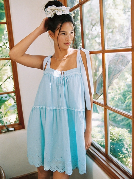 100% Cotton Square Neck Babydoll Ruffle Knotted Mini Dress