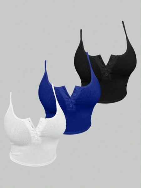 Zolique Women Summer Split Button Cami Tank Top Set In Multiple Colors