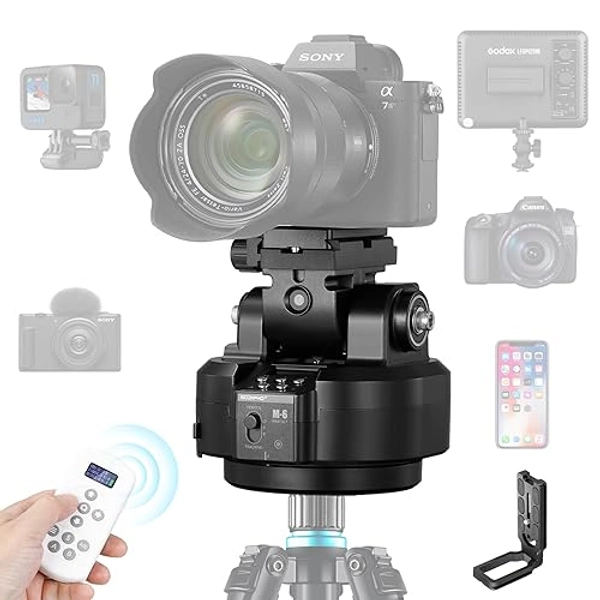 Soonpho M6 - Cabezal de trípode panorámico giratorio motorizado para cámara de control remoto con control remoto y clip para teléfono móvil para cámaras DSLR, trípode, smartphones