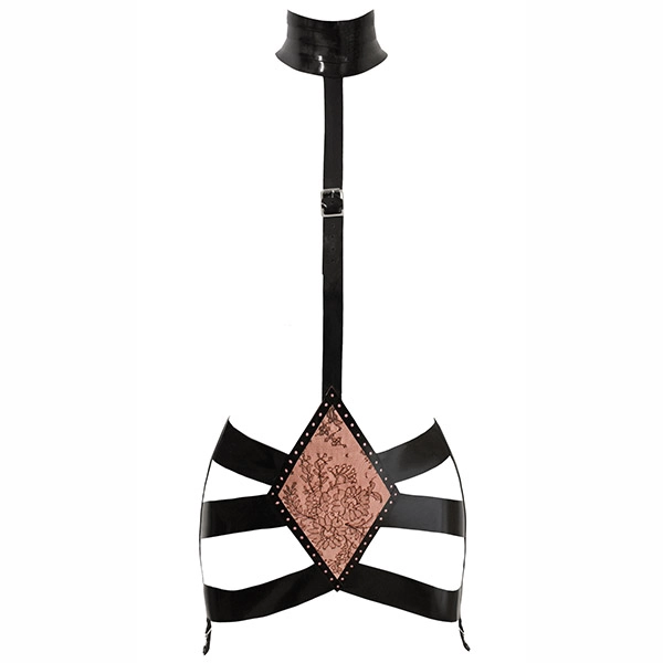 Latex Restricted Girdle Harness in supatex black/semi-trans pink lace