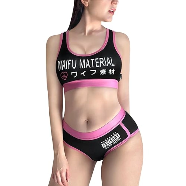 Littleforbig Women Cotton Camisole and Panties Sports Loungewear Waifu Material Bralette Set