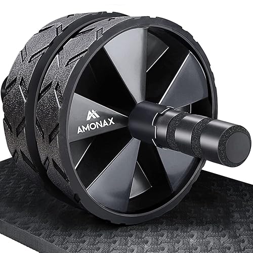 Amonax Convertible Ab Wheel Roller with Large Knee Mat for Core Abs Rollout Exercise. Double Wheel Set with Dual Fitness Strength Training Modes at Gym or Home - Black