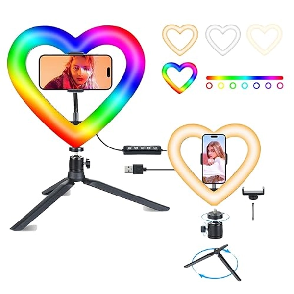 10" RGB Ring Light with Tripod Stand and Phone Holder,Selfie Ring Light with 47 Color Modes,Desk Ring Light for iPhone&Android,Computer/Desktop/Video Recording/Online Meetings/Makeup Light