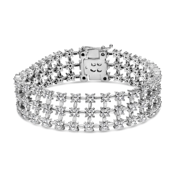 18K White Gold 7 1/2 Cttw Diamond 3 Row Floral Link Bracelet (G-H Color, VS1-VS2 Clarity) - 7  Inches