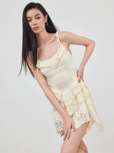 Lace Square Neck Layered Knotted Mini Dress