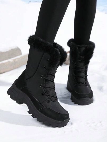 2025Women's Thickened Warm High Contrast Furry Trim Winter Snow Boots, Waterproof Upper Non-Slip Sole Fashion Versatile Shoes