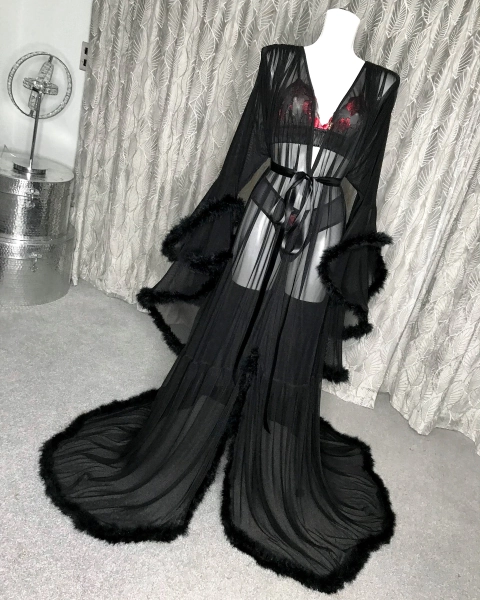 Lange schwarze Feder-Qualitäts-Mesh Hollywood Style Vintage Robe, Brauthochzeit Fotoshooting bereit, Robe Federbesatz, Boudoir Robe