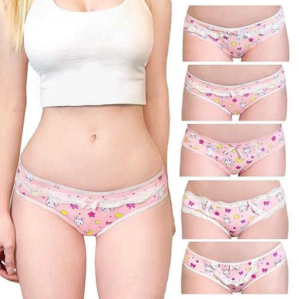 Littleforbig Women's Ladies Soft Cotton Underwear Comfortable Hipster Briefs 5 Pack Panties Set - Usagi Pattern