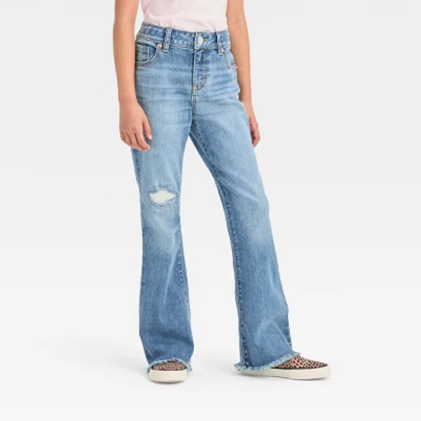 Girls' Mid-Rise Flare Jeans - Cat & Jack™ Medium Wash 12: Adjustable Waistband, Stretch Denim, Regular Fit, 25.75" Inseam