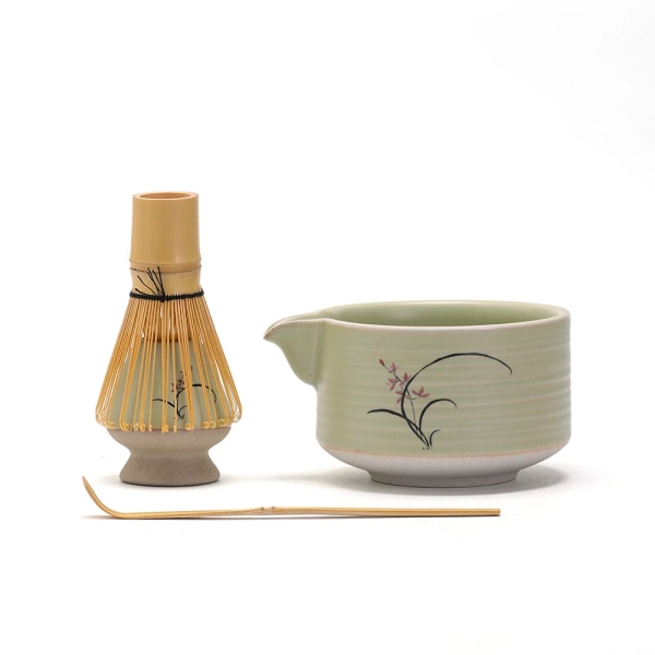 Hand-painted Orchird Ceramic Matcha Bowl with Spout Green Ceramic Matcha Kits Matcha Tea Ceremony Set